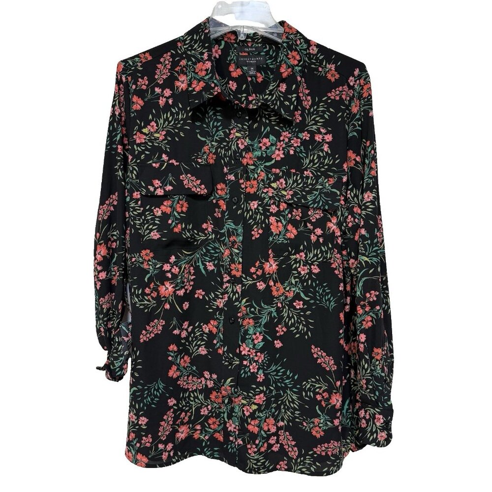 Investments Womens 1X Top Olivia Button Down Black Pink Floral Pockets Roll Tab